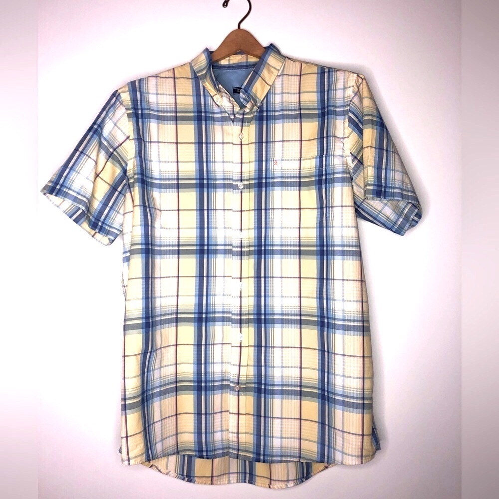 Izod Short Sleeve button down Men’s plaid button down Shirt Yellow Blue …